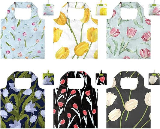 BeeGreen Tulip Reusable Shopping Bags 6 Pack - Heavy Duty Washable and Foldable Polyester Shopping Bag for Women, Reusable Gift Grocery Totes Market Tote Bag with Handles for Travel Holiday