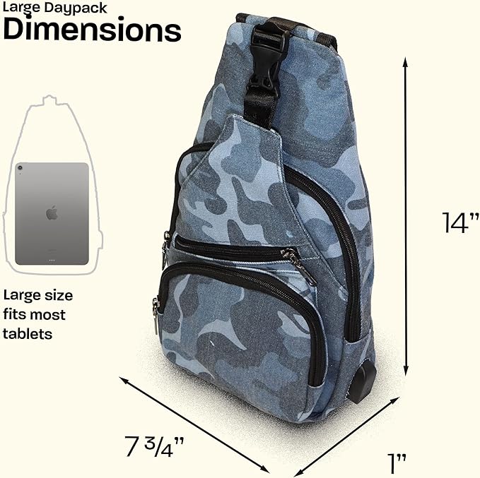 Anti-Theft Daypack Crossbody Sling Backpack, USB Charging Connector Port, Lightweight Day Pack for Travel, Hiking, Everyday, Large, Tan