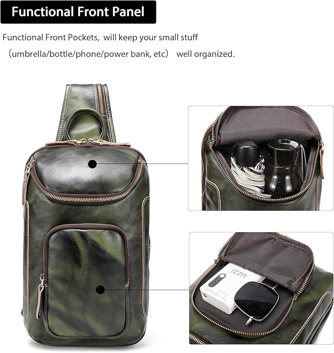 LANNSYNE Vintage Full Grain Leather Sling Bag Crossbody Chest Daypack