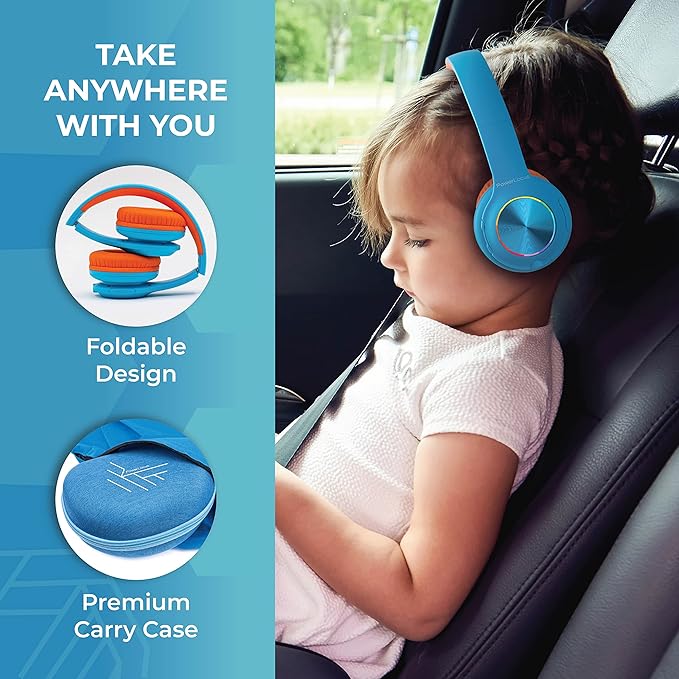 PowerLocus PLED Kids Bluetooth Headphones, Kids Wireless Headphones with LED Lights, 74/85/94dB Safe Volume, Micro SD, AUX Cable, Hi-Fi Stereo, Built-in Mic Over Ear Kid Headphone for Travel/Tablet/PC