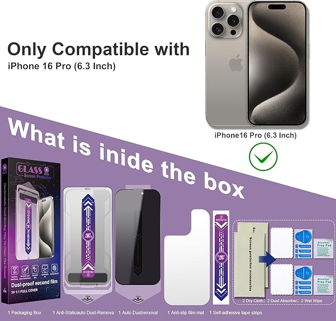 2 Pack Privacy Screen Protector for iPhone 16 Pro, 9H Tempered Glass, Full Coverage,Anti-Fingerprint, Auto Dust-Elimination, No Bubble, Easy Installation