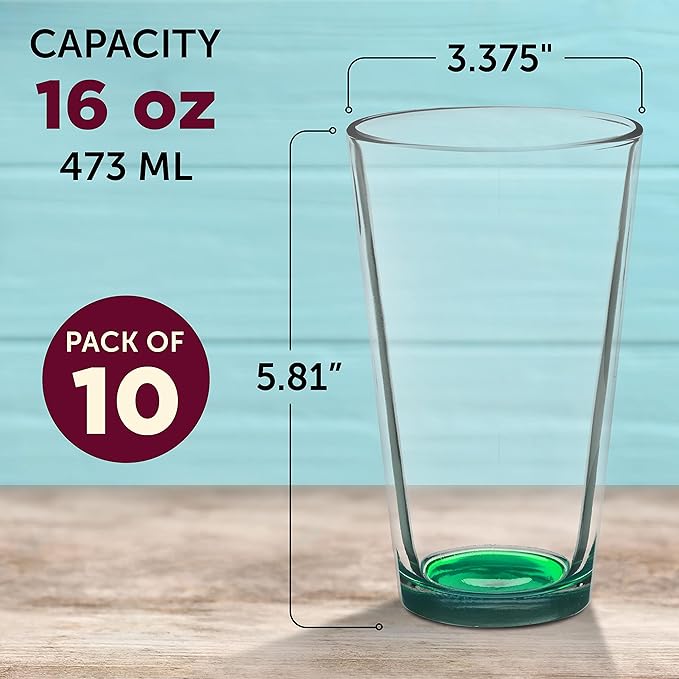DISCOUNT PROMOS Arc Pint Glass 16 oz. Set of 10, Bulk Pack - Beer Glasses, Heavy Duty Drinkware - Green