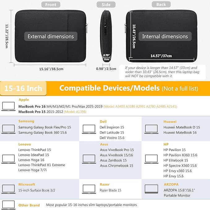 HYZUO 15-16 Inch Laptop Sleeve Bag Set for MacBook Pro 16 M4/M3/M2/M1 Pro/Max, 15" Surface Book, Notebook Case for 15" 15.6" HP Dell Lenovo ThinkBook Asus Acer Samsung Huawei, Black