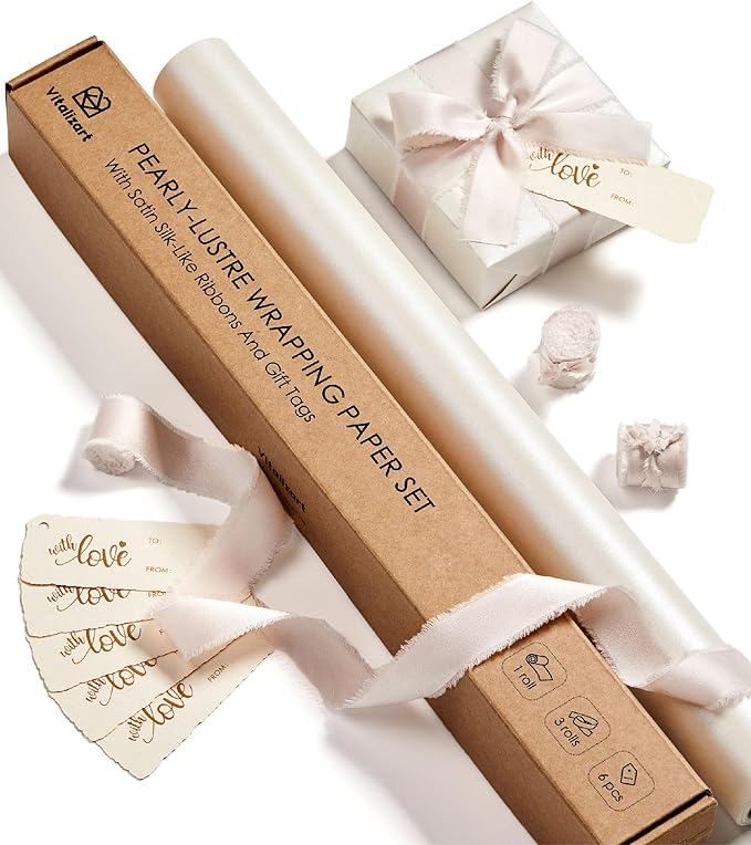 Vitalizart White Wrapping Paper Set 17" Pearly-Lustre With Silk Like Satin Ribbon & Gift Tags Recyclable Christmas Gift Wrapping Birthday Baby Shower Wedding Handmade Crafts 197"(16.4 Ft)