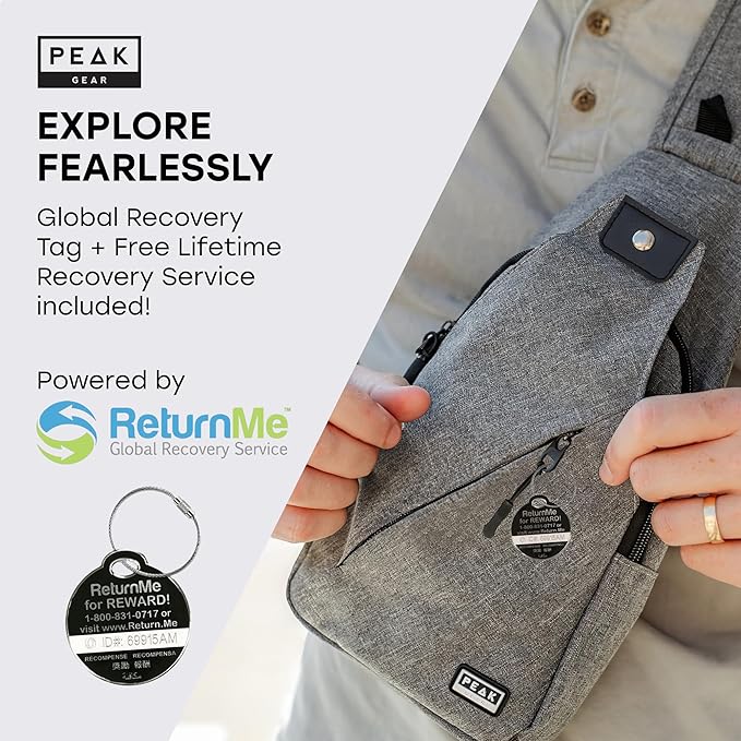 Peak Gear Travel Sling Bag. Compact Crossbody Bag | Lighter and Smaller than a Backpack | Lifetime Lost & Found ID Tag