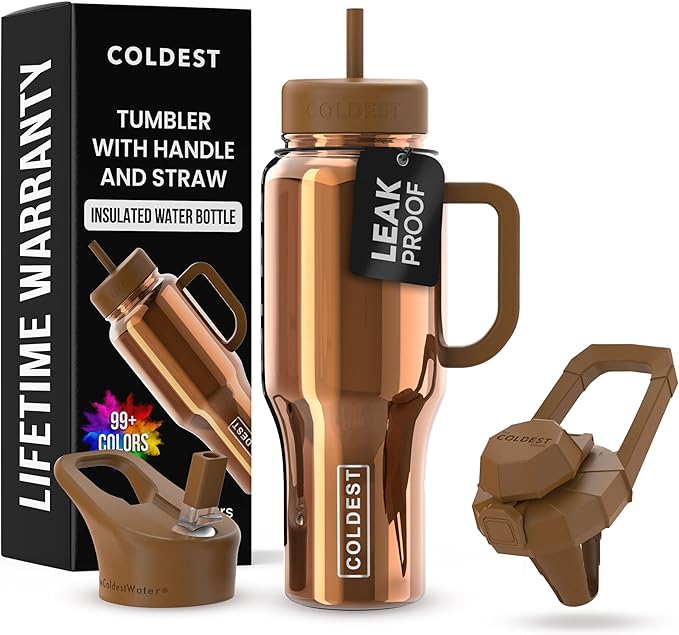 Coldest Tumbler with Handle and Straw - 100% Spill Proof Tumbler with Straw (3 Lids) - Stainless Steel Insulated Leakproof Tumblers for Women & Men - 36 oz (Gold Reflections)