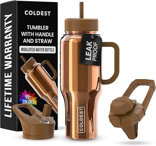 Coldest Tumbler with Handle and Straw - 100% Spill Proof Tumbler with Straw (3 Lids) - Stainless Steel Insulated Leakproof Tumblers for Women & Men - 36 oz (Gold Reflections)