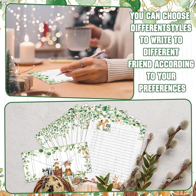 TaoBary 160 Pcs Stationery Paper Set 50 Double Sided Stationery Papers with 50 Matching Envelopes and 60 Round Dot Sticker, 10 Design(Woodland Animal,8.5 x 11 Inch)