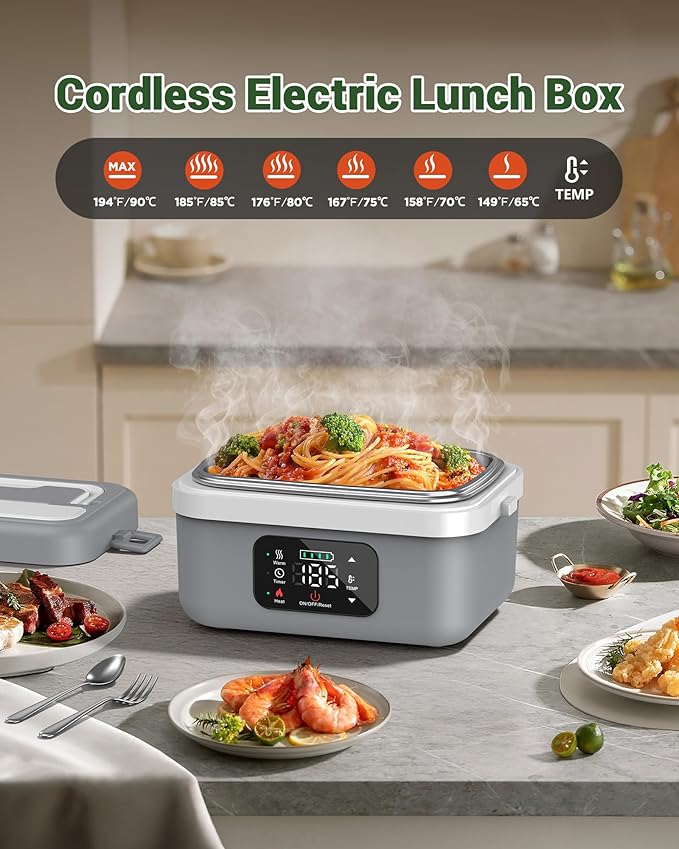 ODSD Cordless Electric Lunch Box for Adults, 16000mAh Rechargeable Self-Heating Lunch Box Food Warmer with Timer & Adjustable Heating, 34oz/1L Container with Insulated Bag for Office Car Outdoor