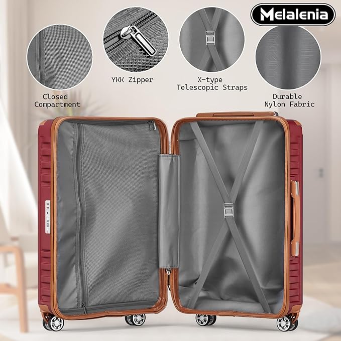 Melalenia Luggage Sets 7 Piece Hard Shell Carry on Suitcase with Spinner Wheels and TSA Lock, Lightweight Travel Duffel Bag for Women, Men, Red Brown