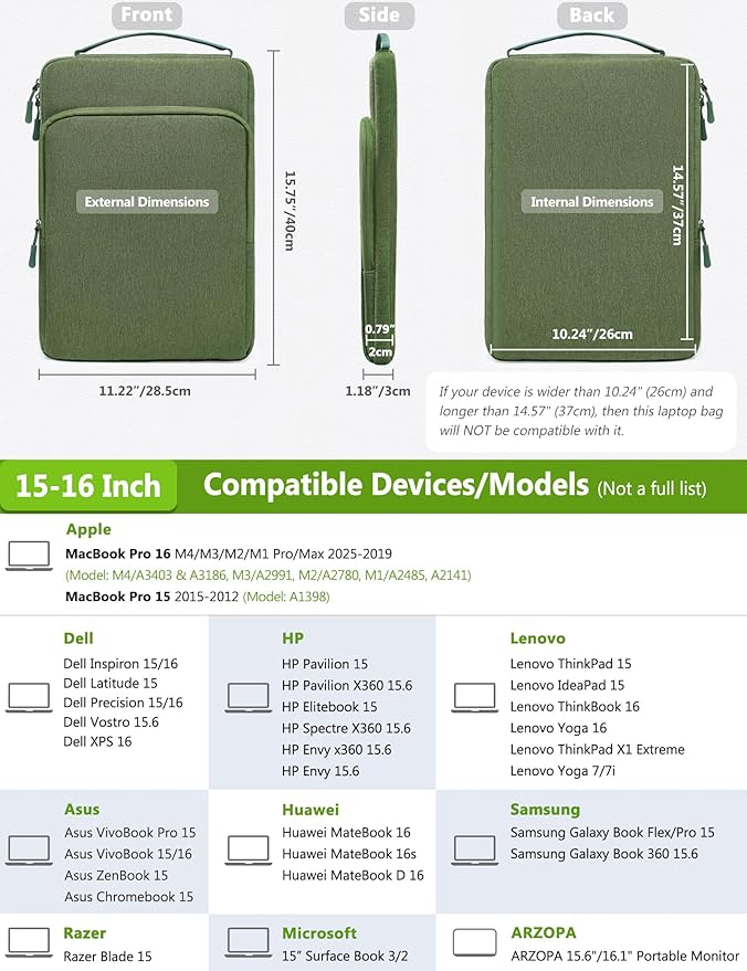 HYZUO 15-16 Inch Laptop Bag Sleeve for MacBook Pro 16 M4 M3 M2 M1 2025-2019, 15" Surface Book, Notebook Case for 15" 15.6" Dell HP Lenovo ThinkBook Asus Acer Samsung Huawei, Grass Green