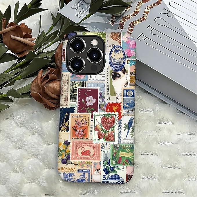 Case for iPhone 16 Pro Max,Vintage Stamp Collage for Woman Men Full Body Protective Cover Shockproof 2 in 1 Silicone + Hard PC Case for iPhone 16 Pro Max