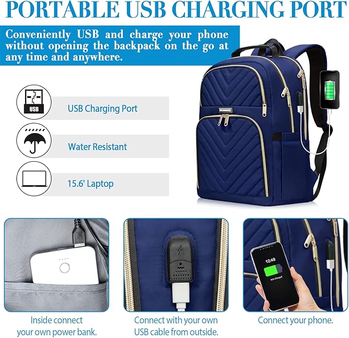 Navy Blue 15.6 Inch Laptop Backpack for Women, Stylish Water-Resistant Backpack with USB Charging Port, Anti-Theft Pockets, and Padded Laptop Compartment