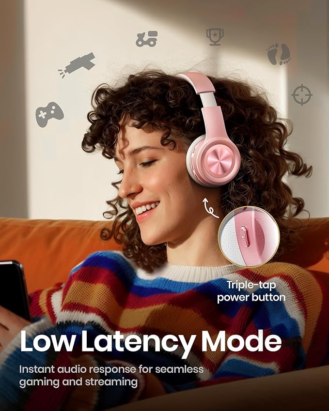 Picun Solo6 Wireless Bluetooth Headphones, 5EQ Music Mode, On-Ear Headphone with Built-in Microphone, Foldable Headset with 140H Battery Life, App Control for Girls, Home, School, Travel (Rose Gold)