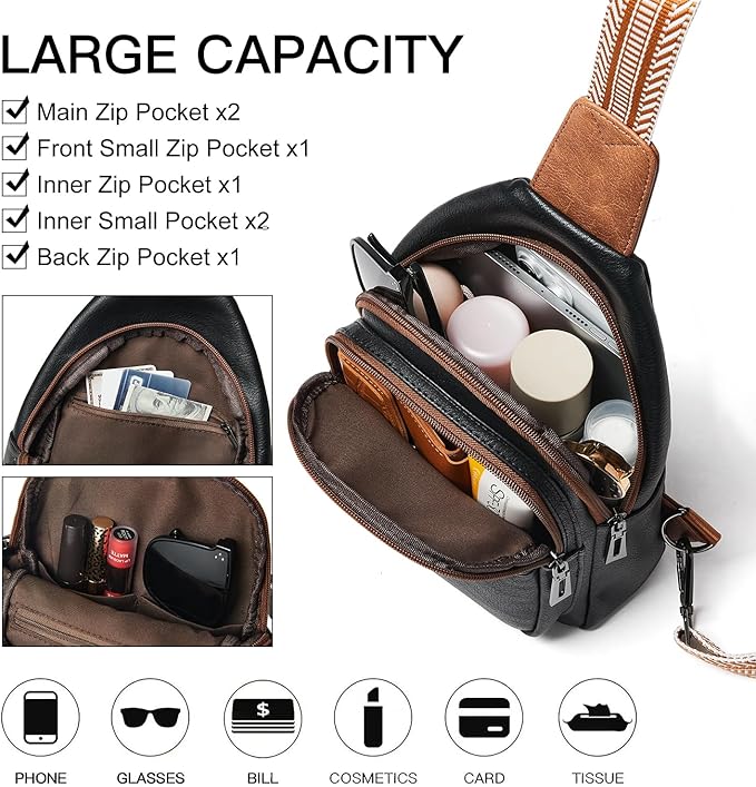 7L Sling Bag for Women Men Crossbody Belt Bag Small Travel Sling Backpack Anti Theft Chest Daypack Purse Faux Leather
