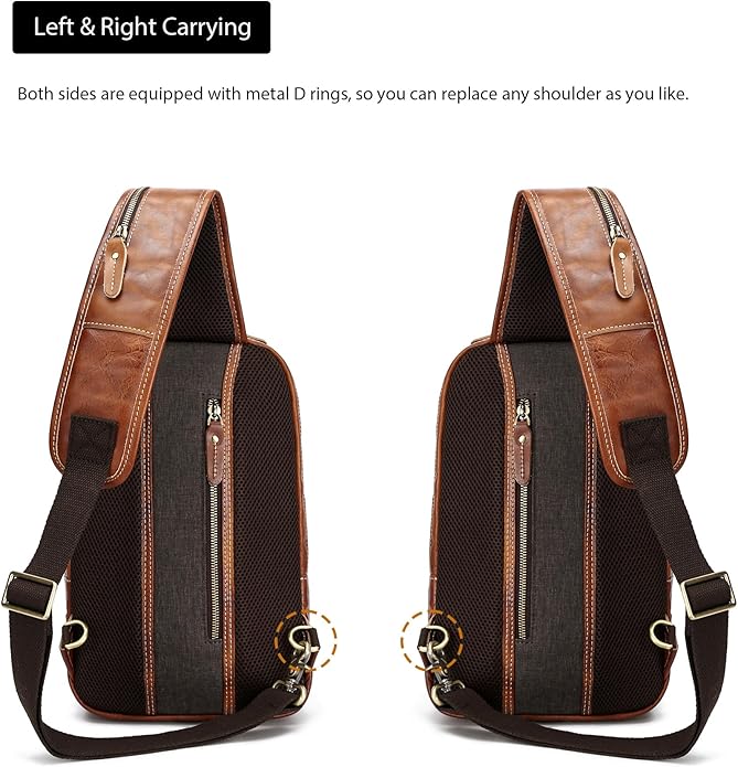 LANNSYNE Full Grain Leather Sling Bag For Men Crossbody Chest Daypack fits 10.5" iPad