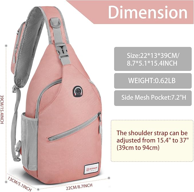 ZOMAKE Sling Bag,Small Crossbody Sling Backpack,Water Resistant Shoulder Daypack for Travel,Anti Thief Chest Bag for Hiking(Pink(New))