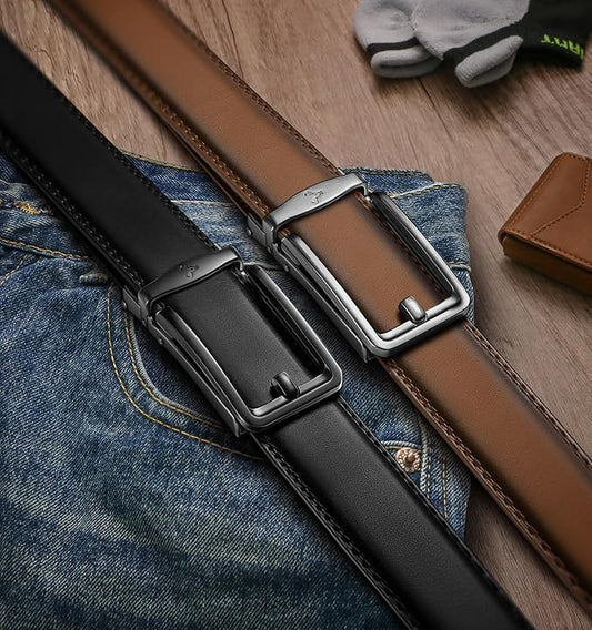 BULLIANT Men Ratchet Belt 2 Pack, Click Sliding Leather Belt Adjustable for Gift Men Dress Casual Jeans 1 3/8,Cut for Fit