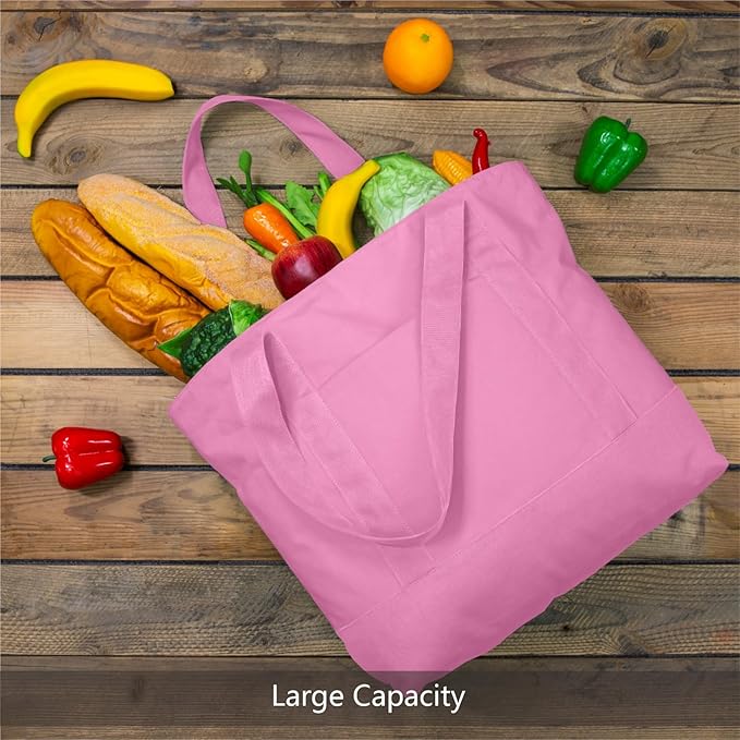 TOPDesign 6-Pack Canvas Tote Bags with an External Pocket, Reusable Grocery Shopping Bags, Top Zipper Closure, Daily Essentials (Pink)