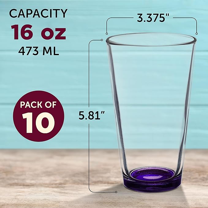 DISCOUNT PROMOS Arc Pint Glass 16 oz. Set of 10, Bulk Pack - Beer Glasses, Heavy Duty Drinkware - Purple