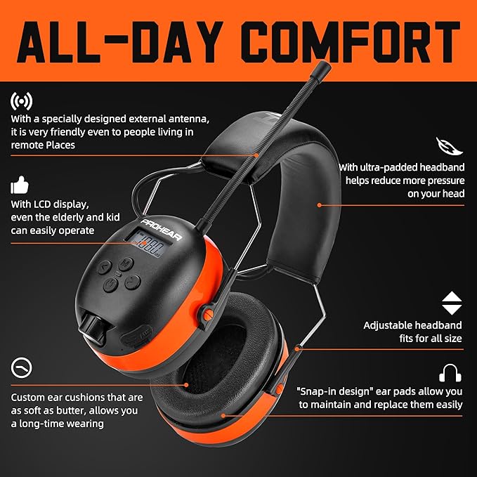 PROHEAR 033 2.0 Upgraded Bluetooth Hearing Protection AM FM Radio Headphones - 31SNR Noise Reduction Ear Muffs with Long-Lasting Stable Rechargeable Battery - 50 Hrs for Mowing Snowblowing - Orange