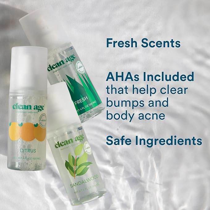 Aluminum Free Deodorant & Body Spray for Whole Body - 3 Pack 4oz ea - Citrus, Fresh and Sandalwood - Clean Deodorant and Body Spray for Teen Boys and Girls - With AHA Fights Body Acne