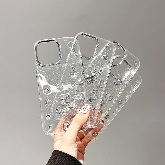 EYZUTAK Case for iPhone 17 Pro, Bling Glitter 3D Hearts Phone Case Cute Sparkly Crystal Clear Heart Aesthetic Design Cover Slim Soft Durable TPU Transparent Protective Cover for Women Girls - Heart