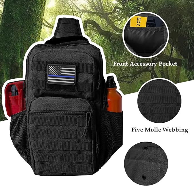 Tactical Shoulder Sling Bag, Small Chest Pack, 13L Backpack for Men Outdoor Sports, Black