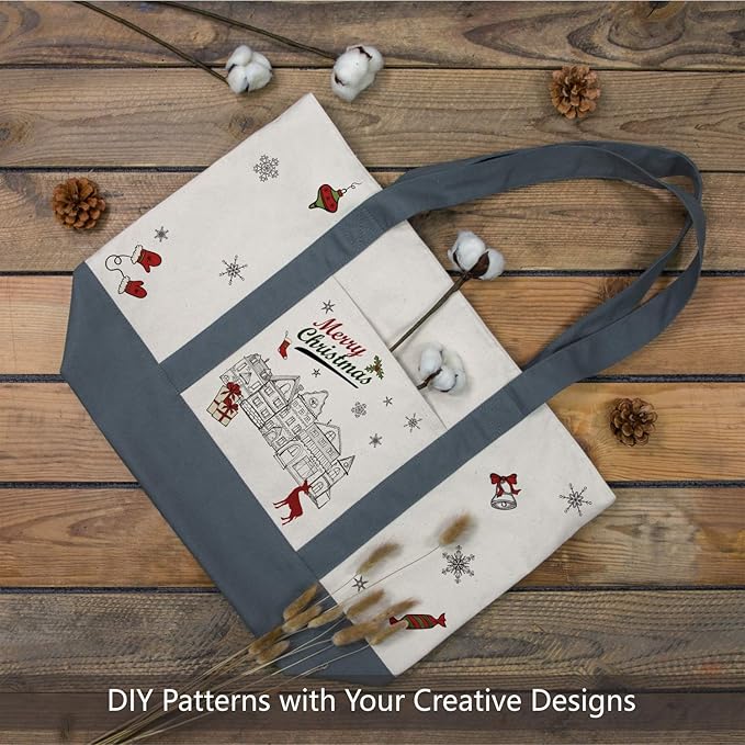 TOPDesign 6-Pack Canvas Tote Bags with an External Pocket, Reusable Grocery Shopping Bags, Top Zipper Closure, Daily Essentials (Grey/Natural)