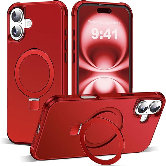 Compatible with iPhone 16 Plus Case with Invisible Magnetic O-Ring Stand Military-Grade Case for iPhone 16 Plus 6.7" [Compatible with Mag-Safe][Great Grip Feeling], Red