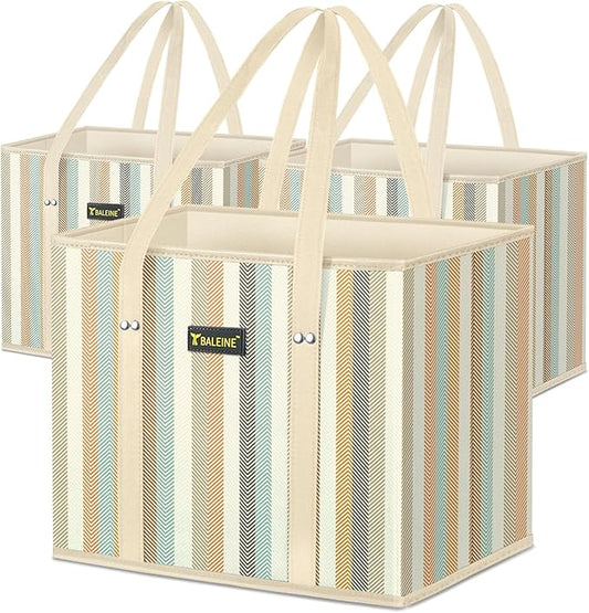 BALEINE 3Pk Reusable Grocery Bags, Foldable Shopping Bags for Groceries with Reinforced Bottom & Handles (Color Stripe)