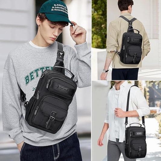 WITZMAN Sling Bag for Men Convertible Travel Sling Backpack USB Charging Port Lightweight Crossbody Bags Casual Daypack（B698 Black）