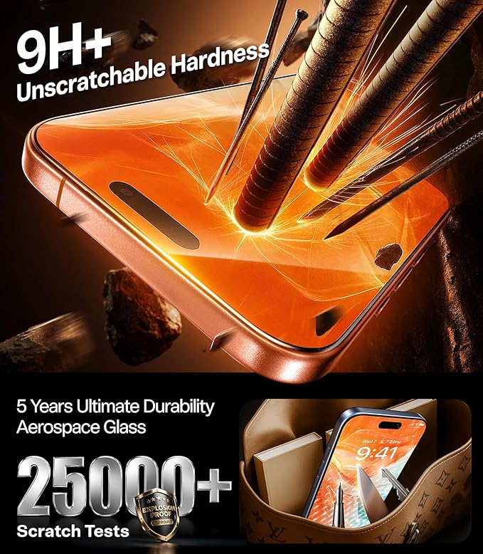 TORRAS Unbreakable for iPhone 17 Pro Screen Protector, 9H+ Military-Grade,12 FT Shatterproof, Aerospace Tempered Glass 2 Pack - Full Coverage, Anti-Scratch, Bubble-Free, Easy Installation,6.3 inch