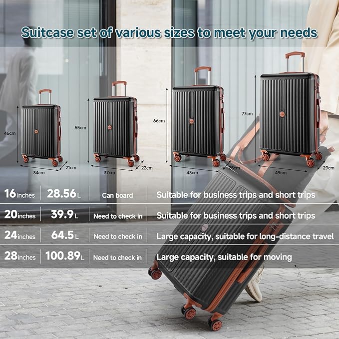 Hoteel 20Inch Luggage 3-piece Set, 360° Universal Suitcases with Wheels Hard Shell Suitcase with TSA Lock, Including Waterproof Luggage Bag, Travel Maletas for Men and Women,Black