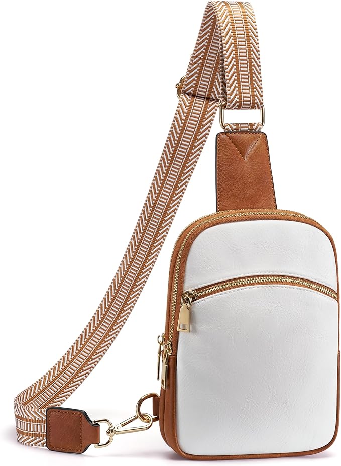 Yarnic Anti Theft Small Sling Bag for Women Men, RFID Cross body Purses Vegan Pu Leather Chest Bag with Adjustable Strap Handbag for Travel Work (White+Brown)