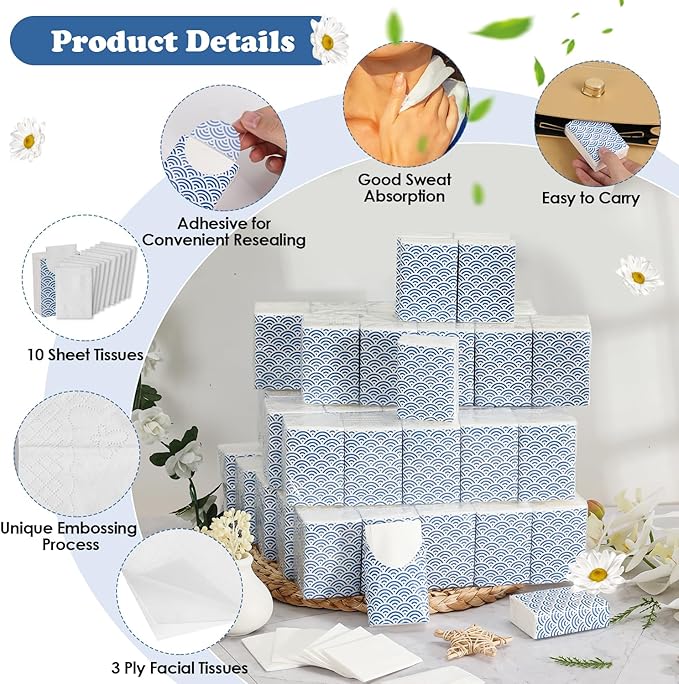 120 Pack Pocket Tissues 1200 Sheets Small Mini Travel Size Tissue Packs 3 Ply Unscented with Unique Embossing Process Individual Portable Tissue Pack for Purse Travel Camping
