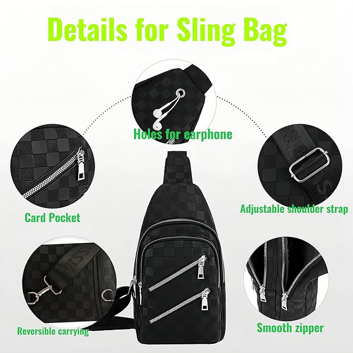 Checkered Black Leather Crossbody Bag for Women - Water Resistant Sling Bag, Adjustable Strap Chest Pack Fanny Pack