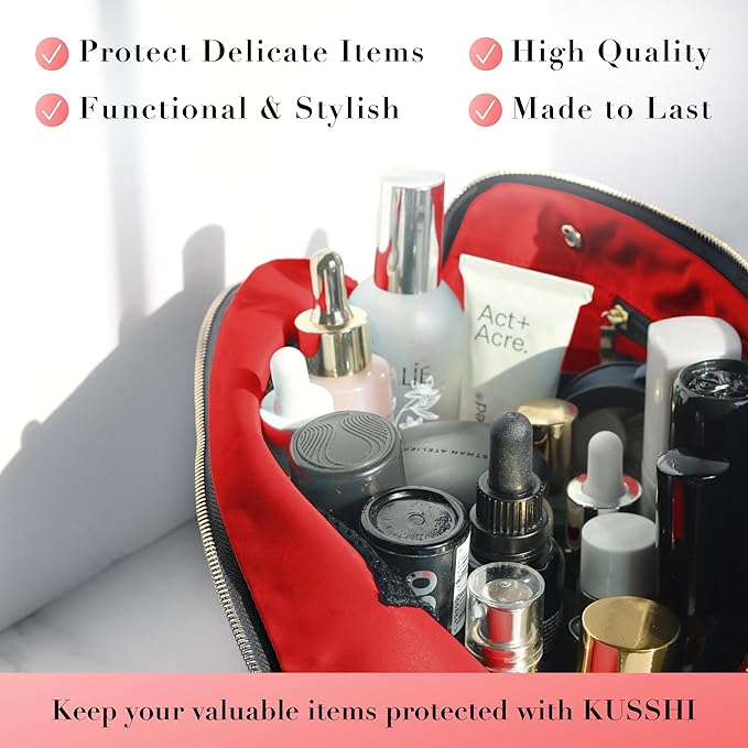 KUSSHI Washable Travel Makeup & Cosmetic Bag - Brush Organizer Sold Separately (Vacationer, Satin Black/Red)