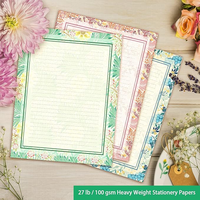 72 Pieces Stationery Set (48 Sheets paper & 24 Pcs Envelopes) 8.5 x 11 In, Vintage Morris Floral Thick Writing Stationary, Both Sides Lined, Girls Kids Birthday Party Invitations Gift Love Letter