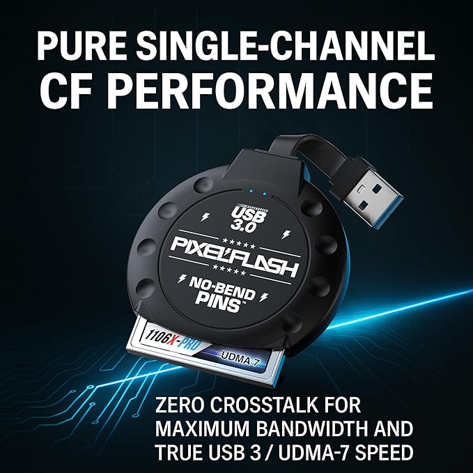 PixelFlash CF Card Reader (Black) - Compact Flash Memory Card Adapter with Cabled USB 3.0, 5GB/s File Transfer, No-Bend Pins, Supports UDMA-7, Anti-Slip & Anti-Scratch, Compatible to Most Brands & OS