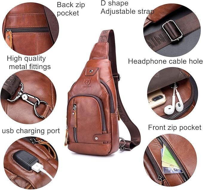 BULLCAPTAIN Leather Men Sling Bags Travel Crossbody Chest Bag Hiking Daypack with USB Charging Port Multi-Pocket