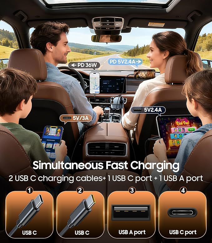 Temdan Retractable Car Charger, 4 in 1 Fast Charger USB C Car Truck Accessories, Travel Essentials Gifts for Women Men, Car Accessories for iPhone 17 Pro Max Air 16 15 14 13 Plus,Galaxy,Pixel-Grey