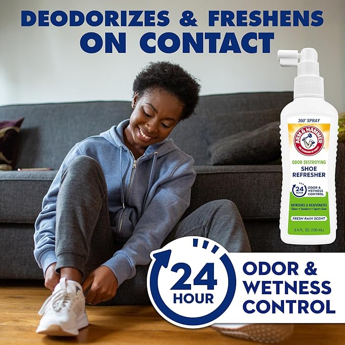 Arm & Hammer Shoe Refresher Spray, Odor Eliminator for Sneakers, 24 Odor & Wetness Control, Aerosol-Free Shoe Deodorizer Spray, Fresh Rain Scent, 3.4 oz