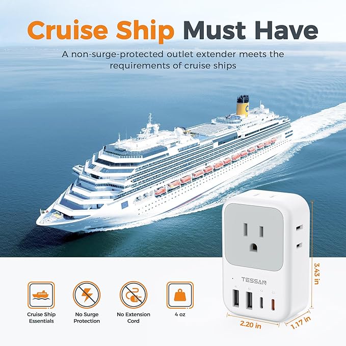 USB C Charger Block 20W, TESSAN PD Fast Charging Adapter with Foldable Plug, 1875W Power Outlet Extender (4 AC and 4 USB) for Cruise, Home, Office, Dorm