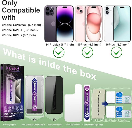 2 Pack Privacy Screen Protector for iPhone 15 Plus and iPhone 14 Pro Max 6.7-Inch Auto Dust Removal, No Bubbles, Anti-Spy Tempered Glass Film, Easy Installation