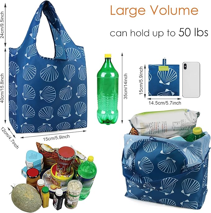 BeeGreen Foldable Tote Bags with Handles Reusable Grocery Bags - Heavy Duty Washable Polyester Travel & Shopping Basket - Large Reusable Gift Bulk 6 Set for Women (Ocean Animal Lovers Design)