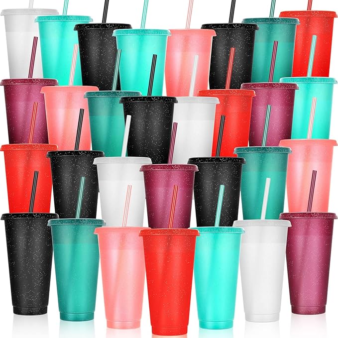 Honeydak 30 Pack Tumbler with Straw and Lid Bulk Glitter Plastic Cups Water Bottle Iced Coffee Travel Mug Reusable Party Favor Cups for Birthdays travel 24-27 oz (Glitter)