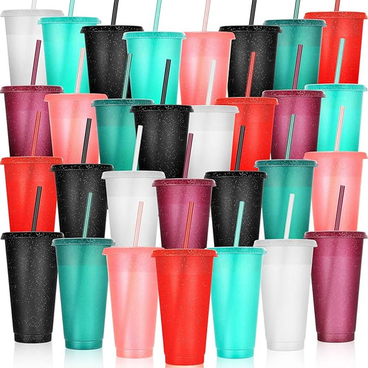 Honeydak 30 Pack Tumbler with Straw and Lid Bulk Glitter Plastic Cups Water Bottle Iced Coffee Travel Mug Reusable Party Favor Cups for Birthdays travel 24-27 oz (Glitter)