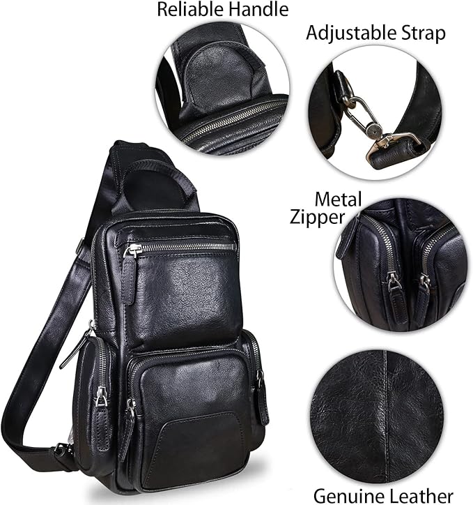 IVTG Genuine Leather Sling Bag Crossbody Casual Hiking Daypack Vintage Handmade Chest Bag Shoulder Backpack Motorcycle Pack (Darkgrey)
