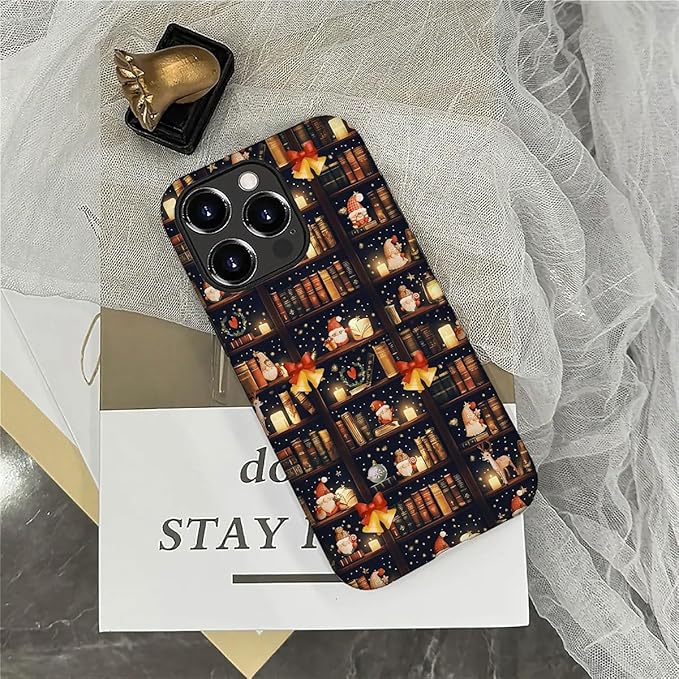 DAIZAG Case Compatible with for iPhone 16 Pro Max,Christmas Santa Claus Bookshelf Bells Phone Case for iPhone 16 Pro Max for Girl Women Boy Men